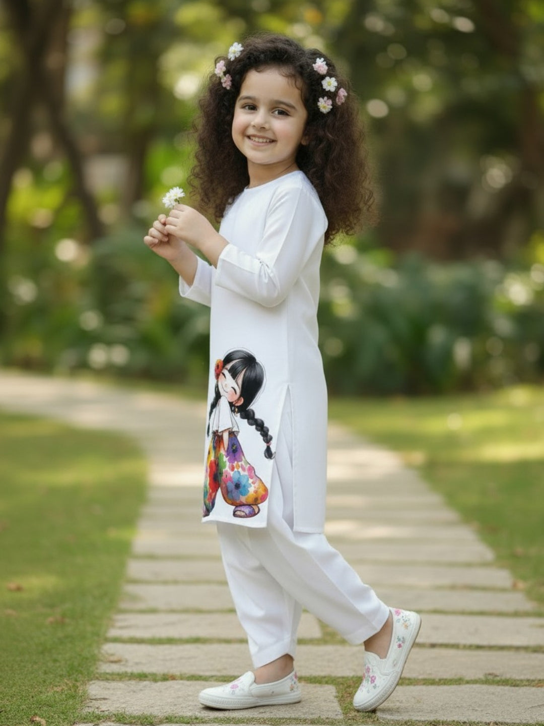 Girls' White Cotton Kurti Set – Ethnic Print