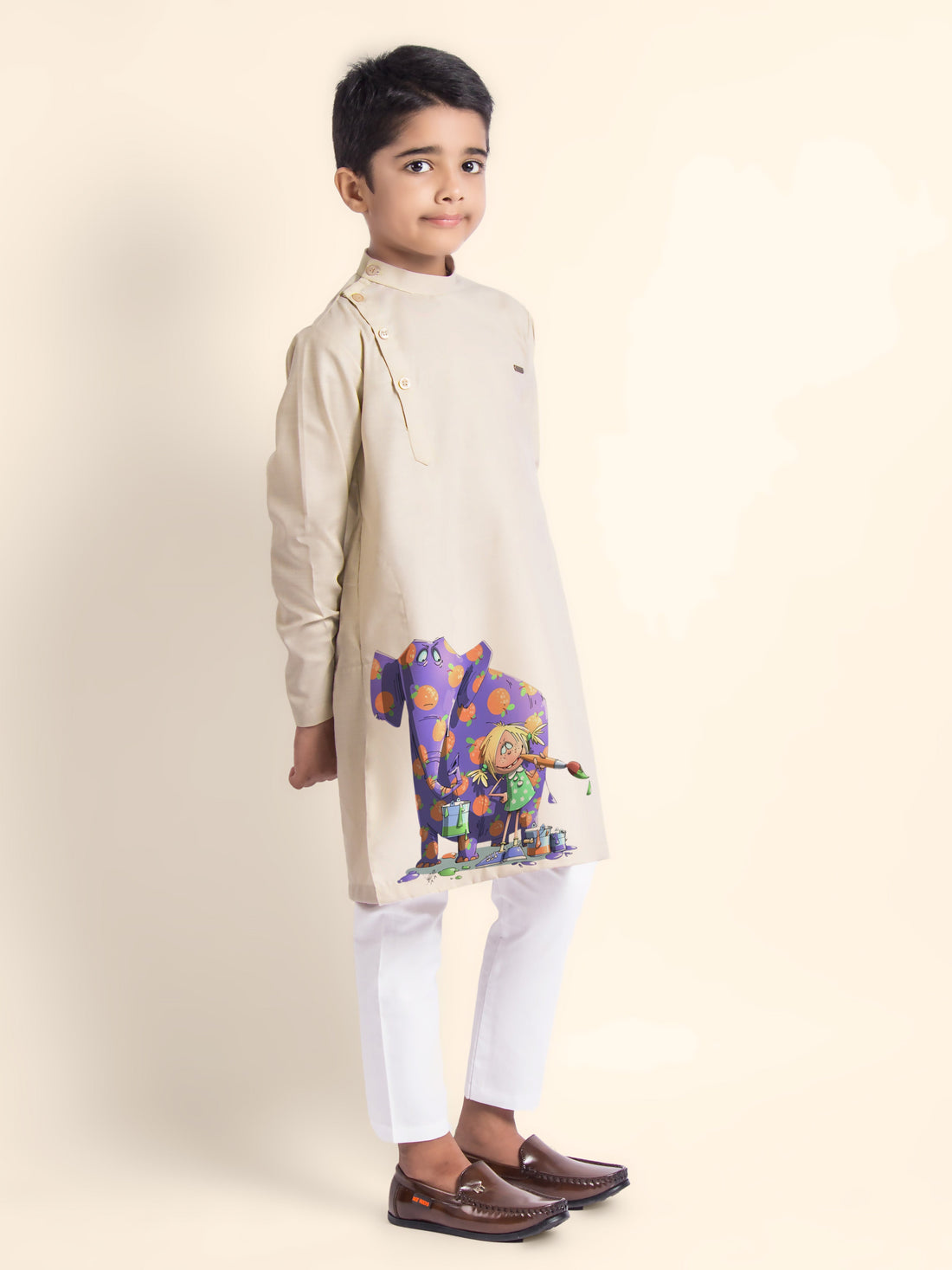 Boys' Beige Cotton Kurta & Pyjama Set – Printed