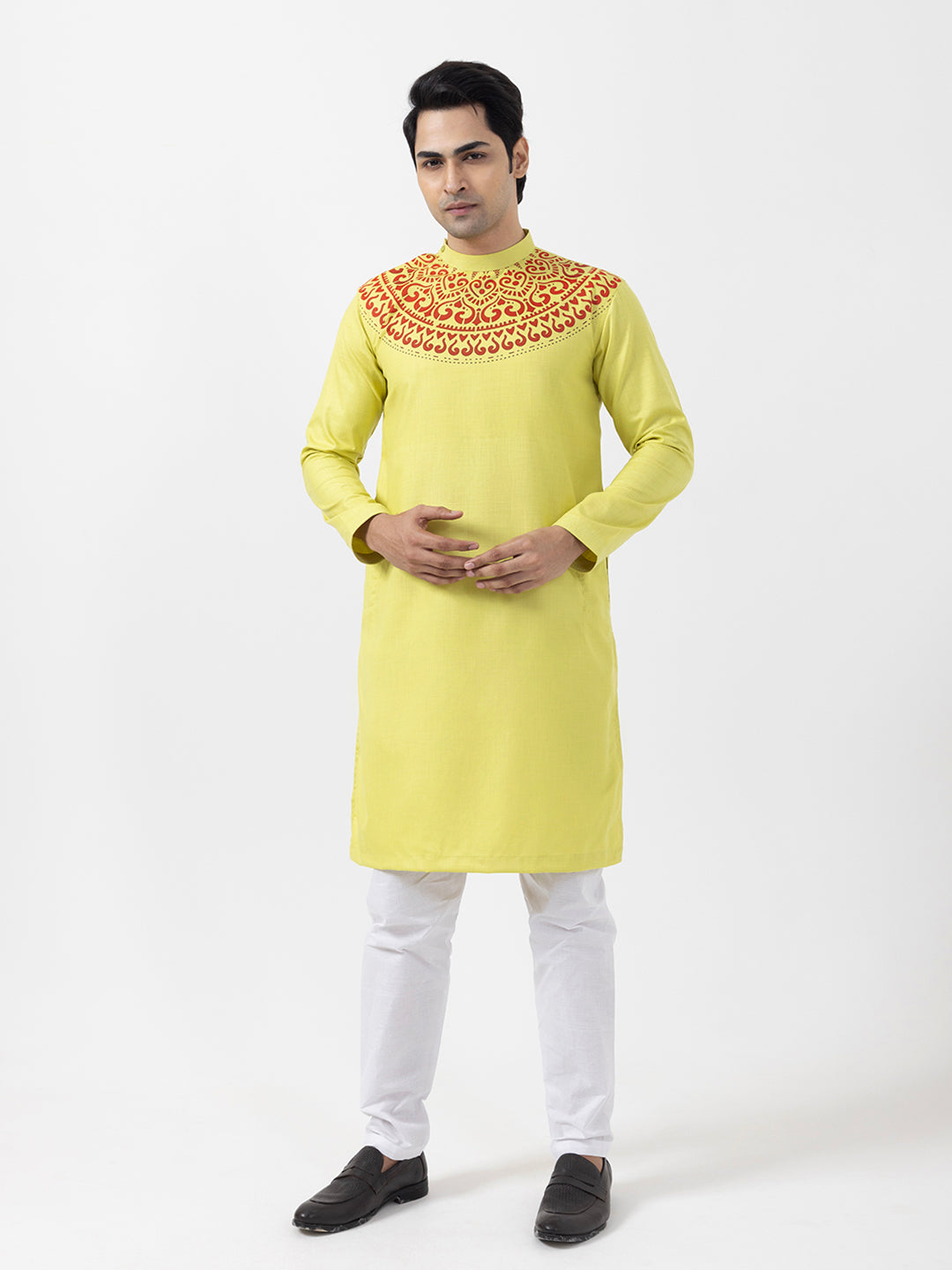 Men's Lime Green Cotton Kurta Set – Ethnic Print & Side Placket