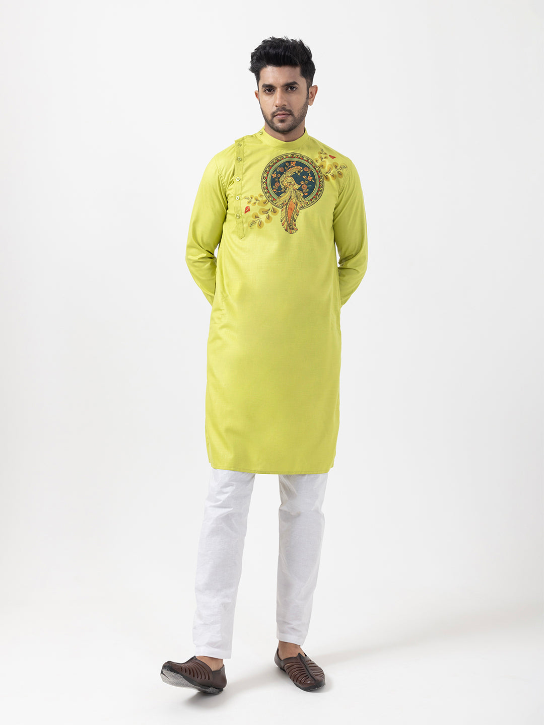 Men's Lime Green Cotton Kurta Set – Ethnic Print & Side Placket