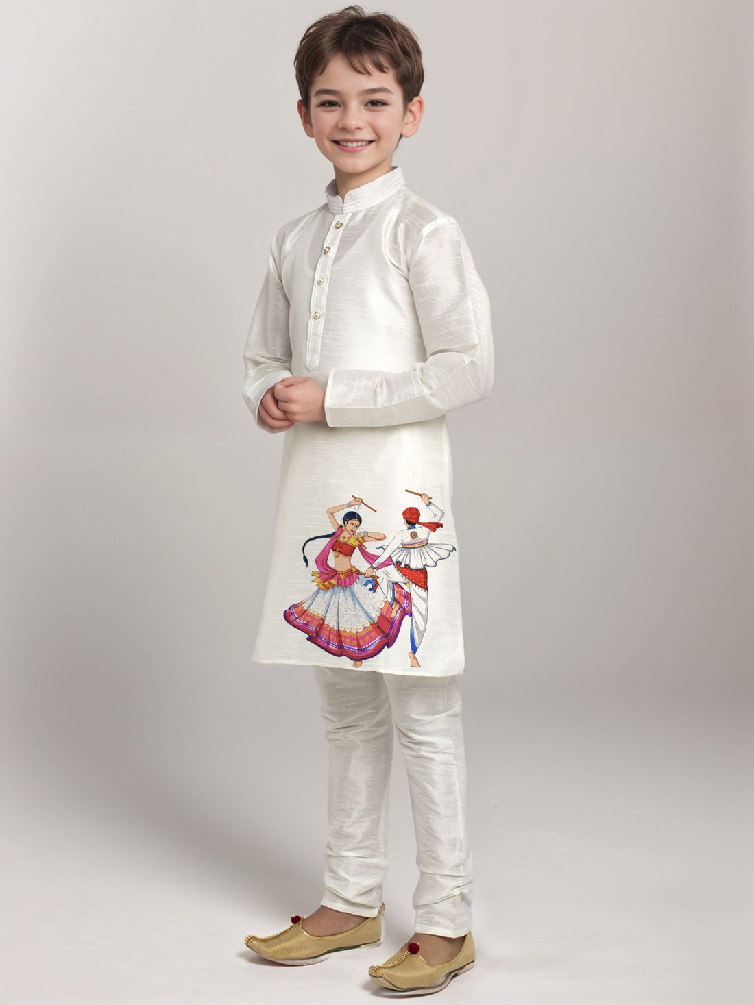 Boys' White Dupion Kurta & Pyjama Set – Printed