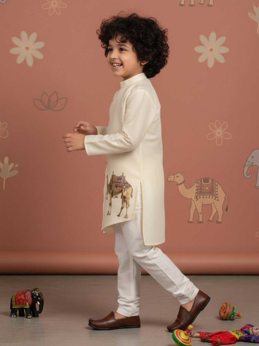 Boys' Beige Art Silk Kurta Set – Ethnic Print