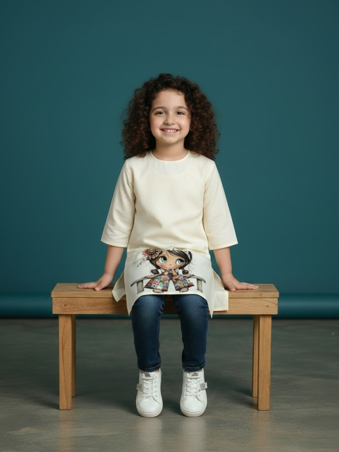 Girls' Beige Cotton Kurti Set – Ethnic Print