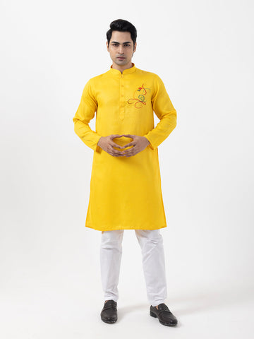 Men's Yellow Cotton Kurta Set – Ethnic Print