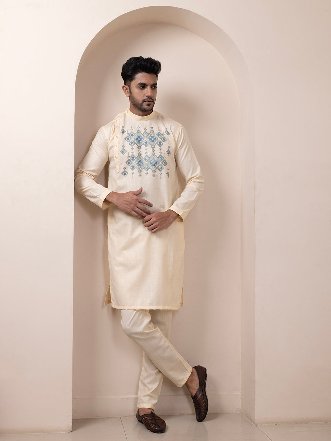 Men's Beige Cotton Kurta Set – Ethnic Print & Side Placket