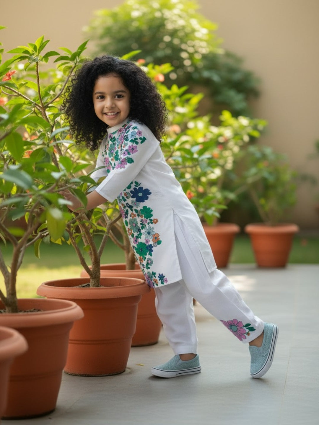 Girls' White Cotton Kurti Set – Ethnic Print