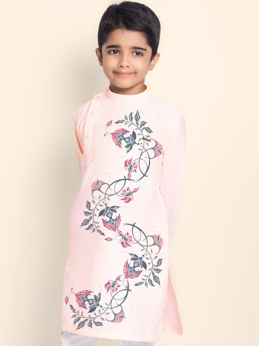 Boys' Pink Cotton Kurta & Pyjama Set – Printed