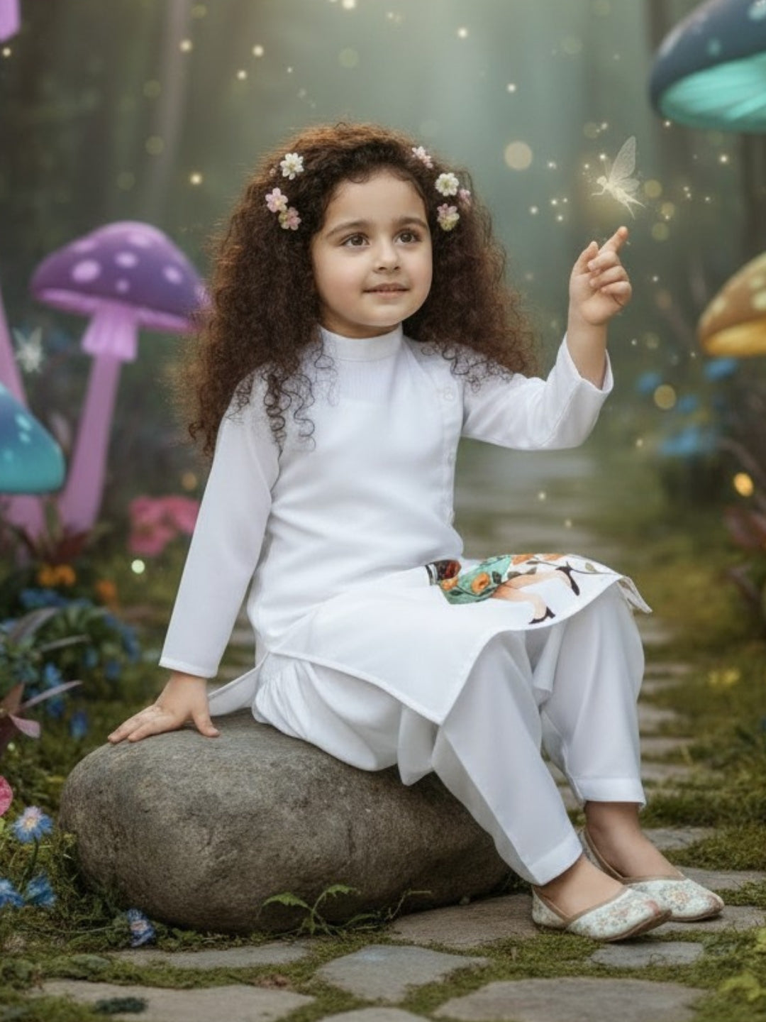 Girls' White Cotton Kurti Set – Ethnic Print