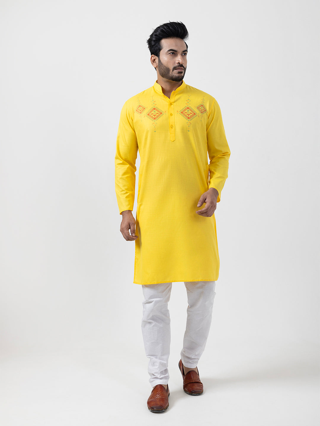 Men's Yellow Cotton Kurta Set – Ethnic Print