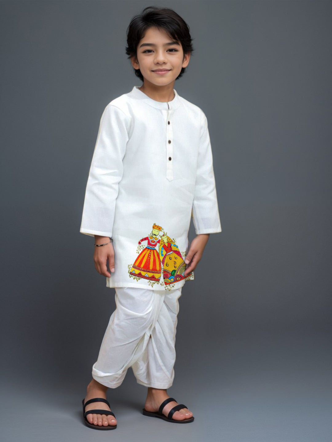 Boys' White Cotton Kurta & Pyjama Set – Asymmetric