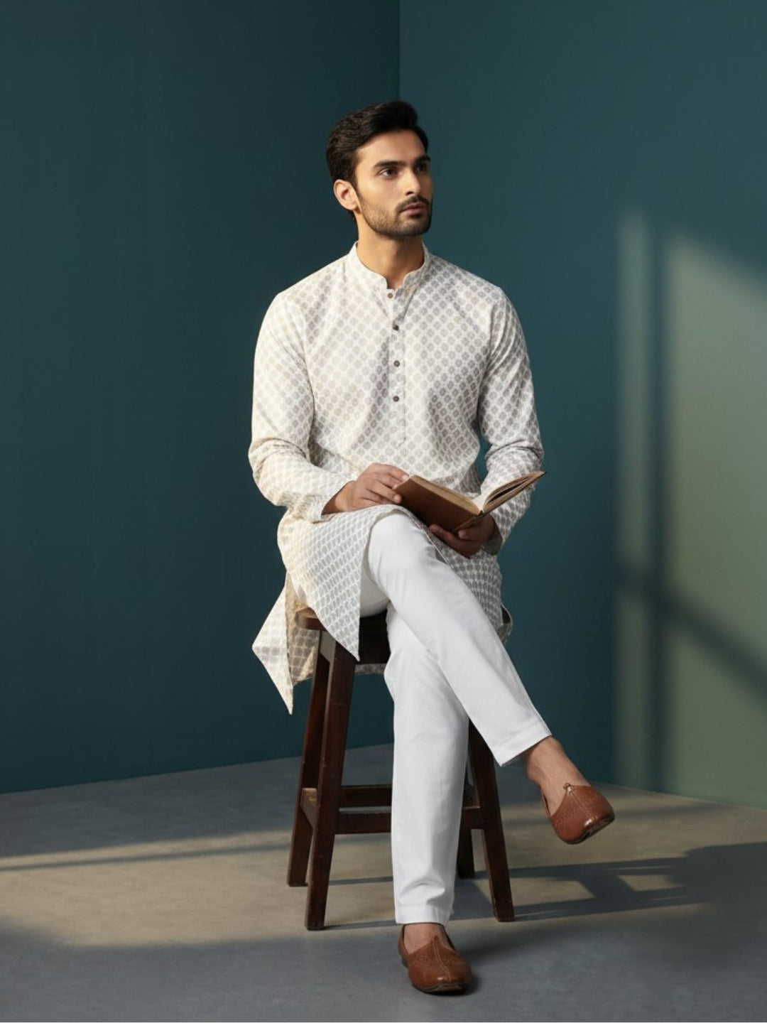 Men's White Cotton Kurta Set – Ethnic Print