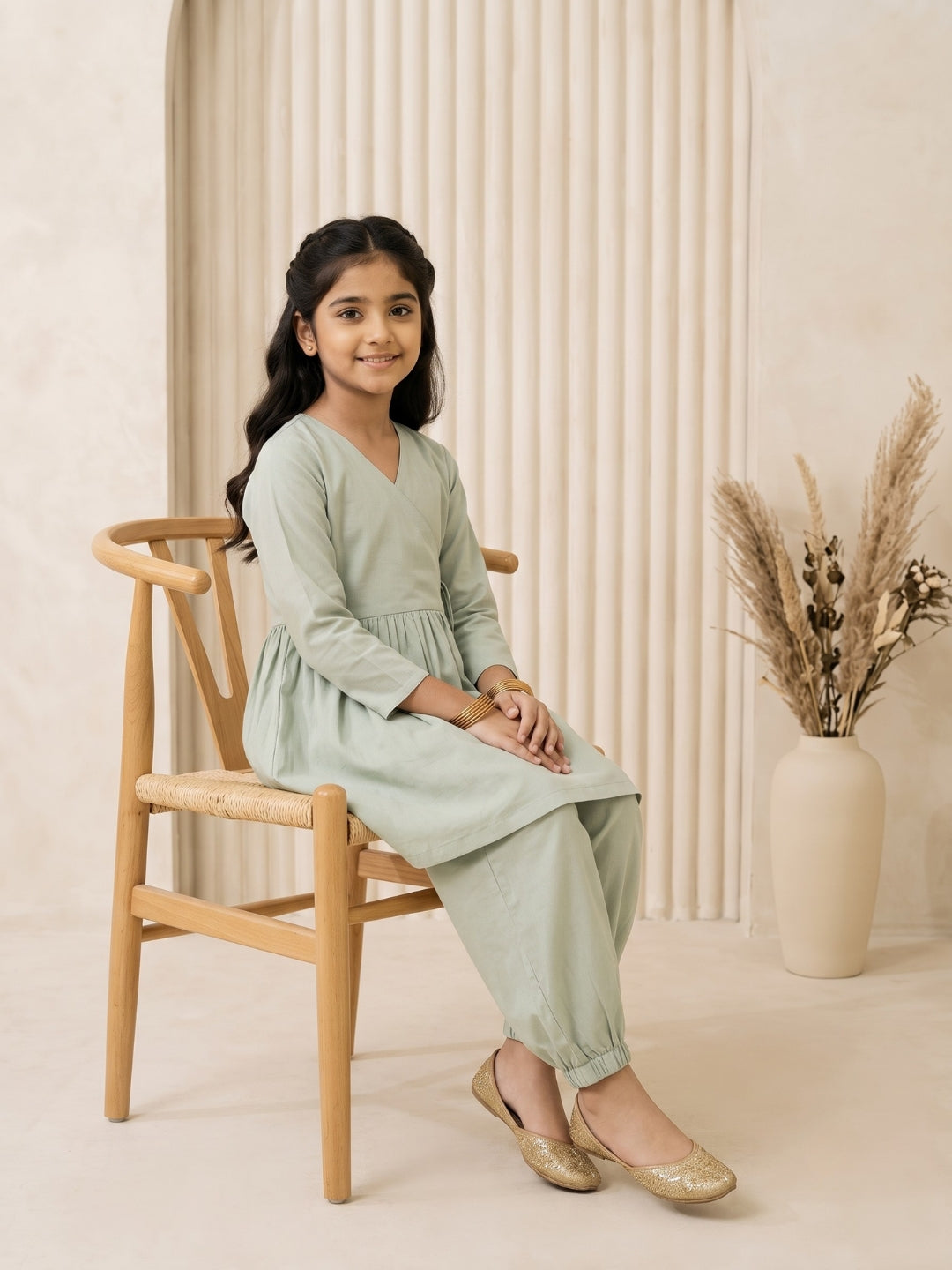 Girls' Sea Green Cotton Kurti Set – Solid