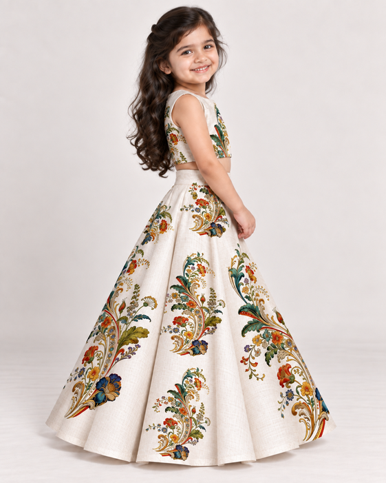 Girls' Off-White Art Silk Lehenga Set – Printed