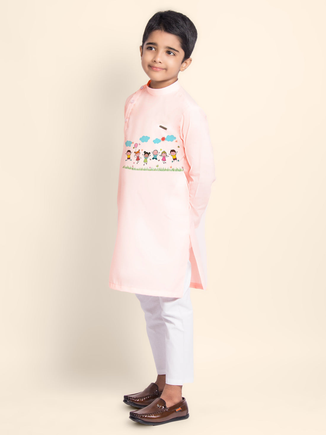 Boys' Pink Cotton Kurta & Pyjama Set – Printed