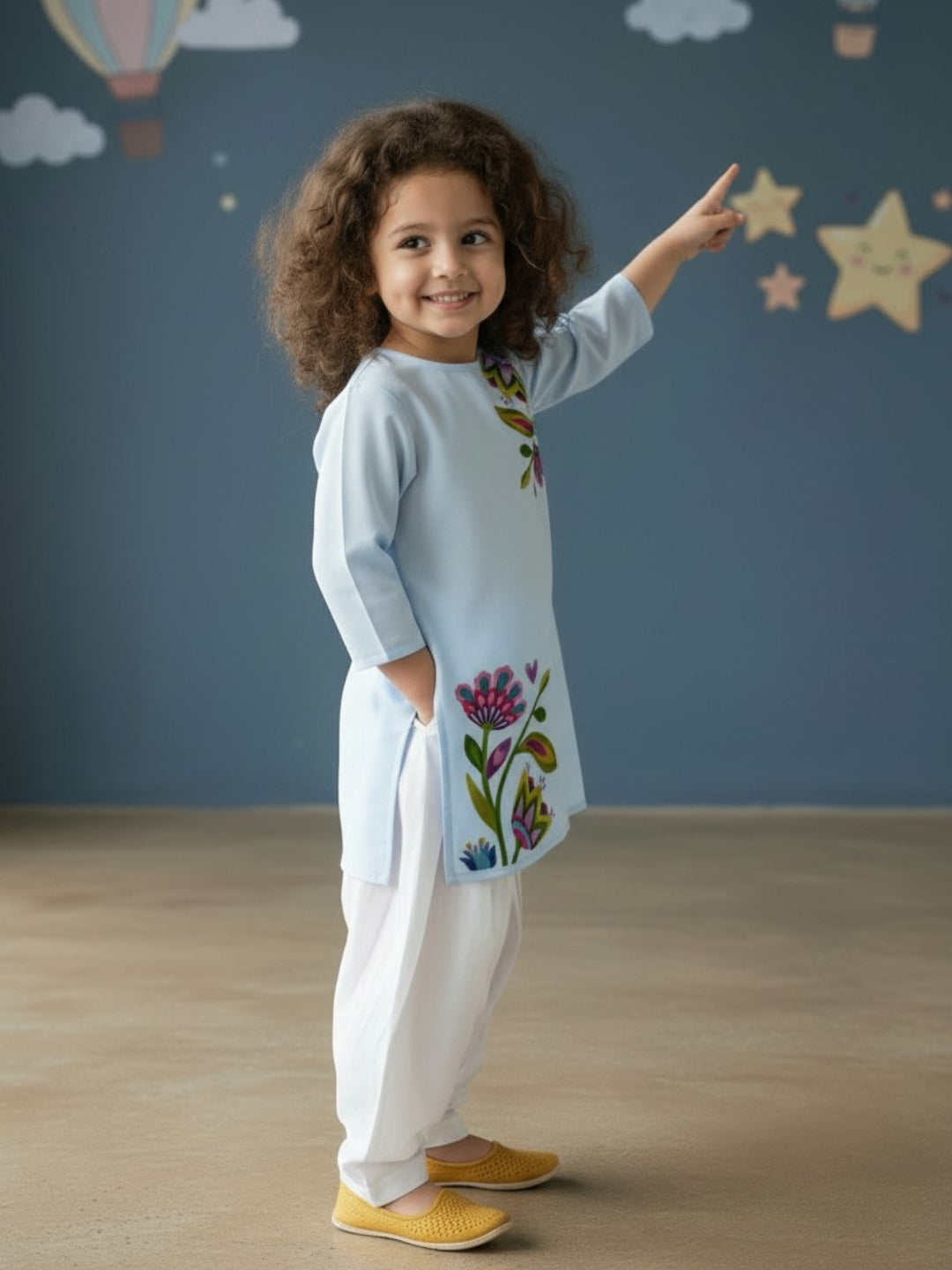 Girls' Sky Blue Cotton Kurti Set – Ethnic Print
