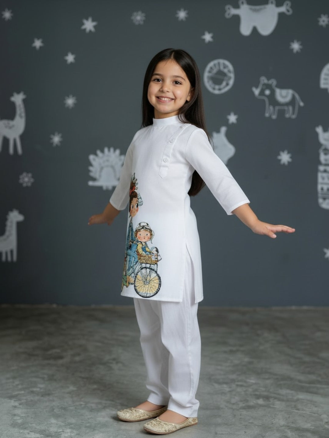 Girls' White Cotton Kurti Set – Ethnic Print