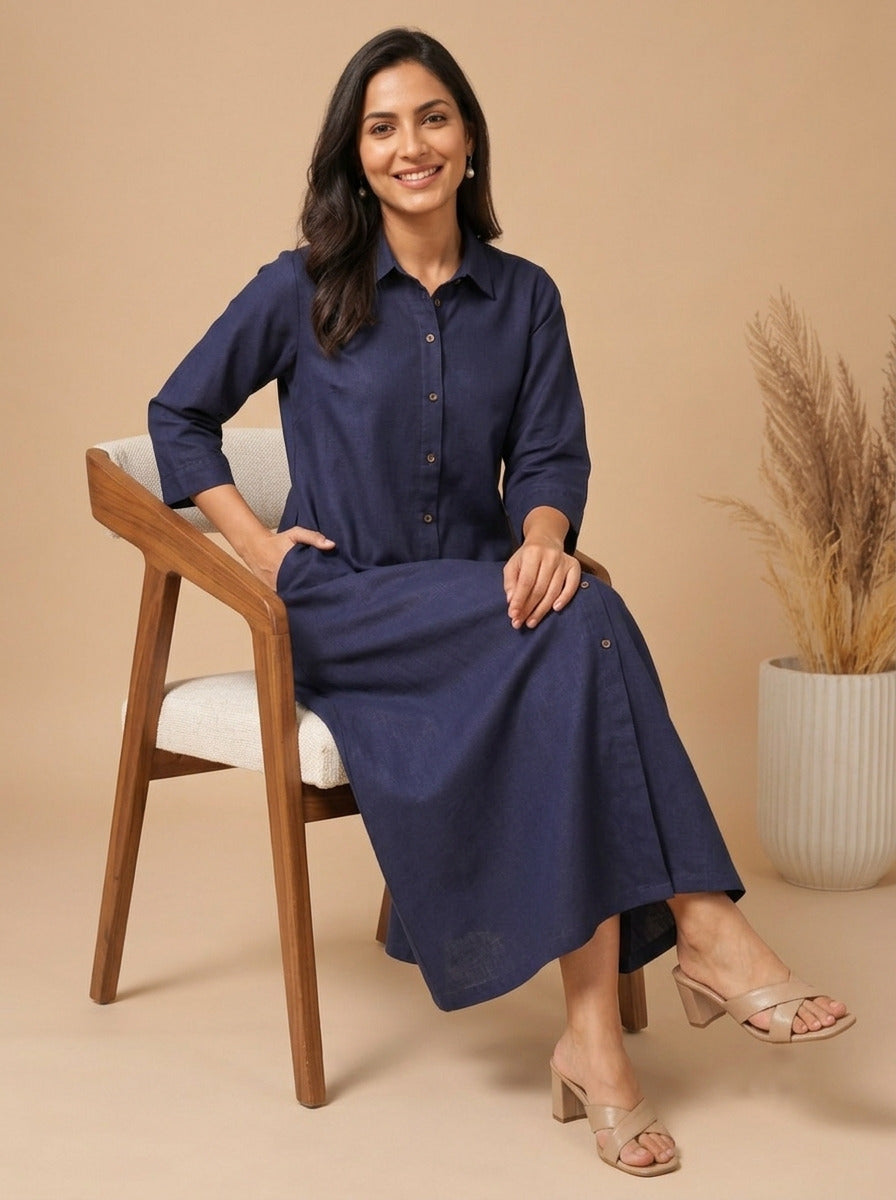Women's Blue Cotton Linen Maxi Shirt Dress – Button Front