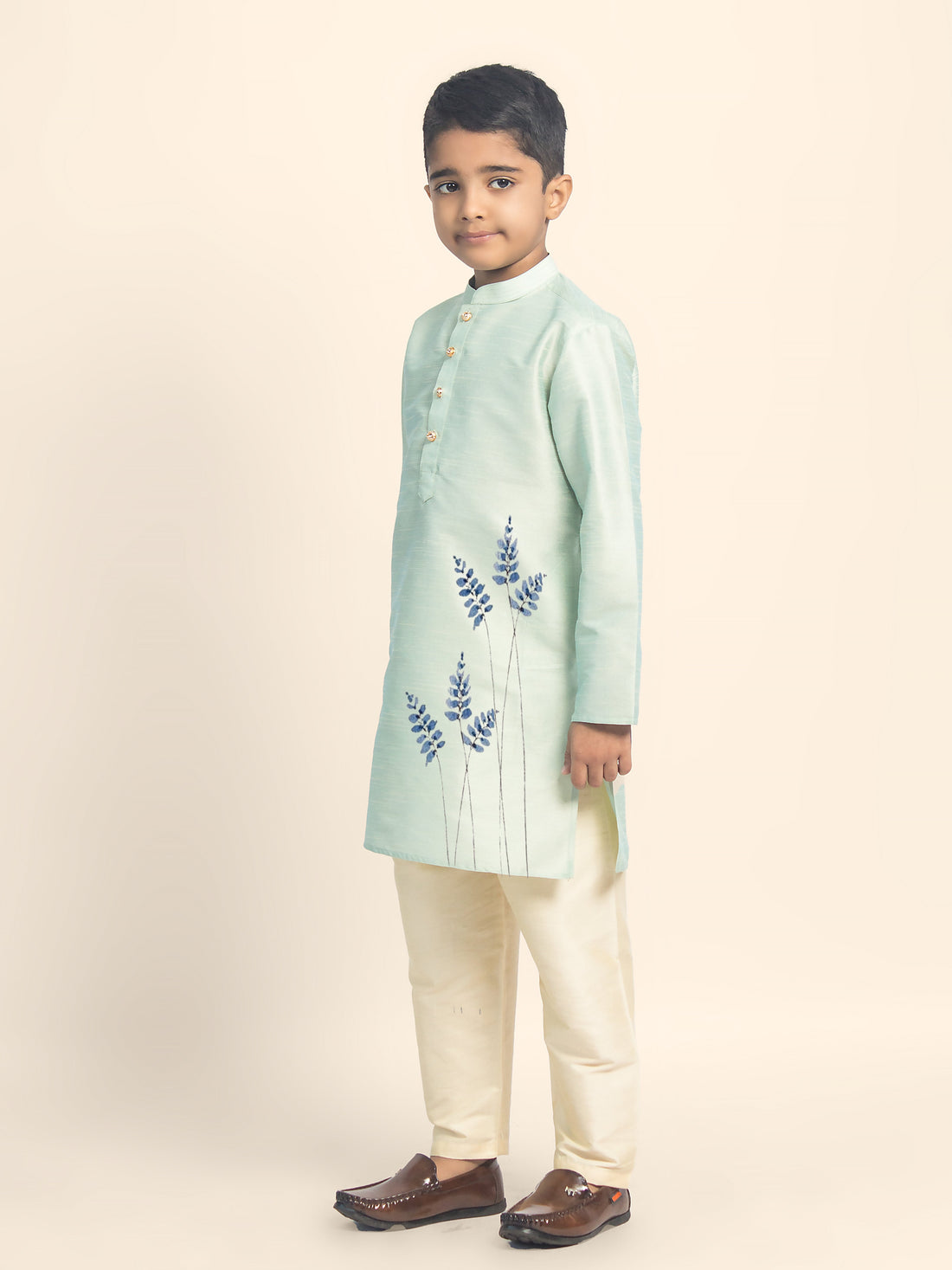 Boys' Green Dupion Silk Kurta Set – Printed