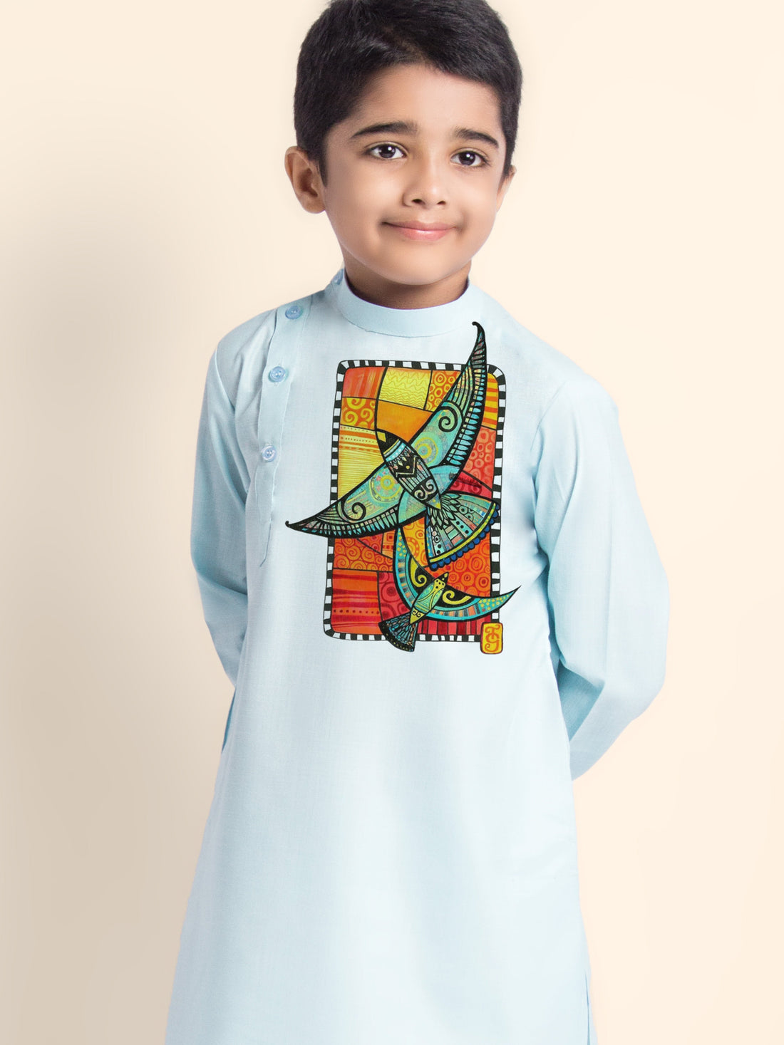Boys' Sky Blue Cotton Kurta & Pyjama Set – Printed