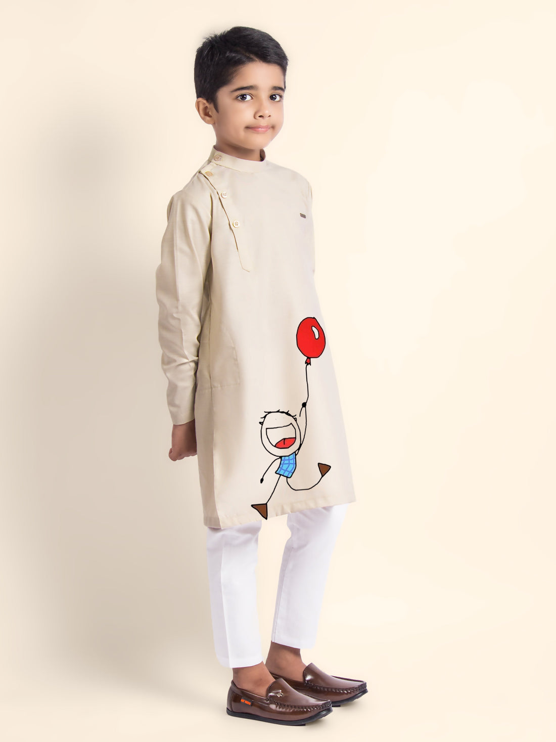 Boys' Beige Cotton Kurta Set – Printed