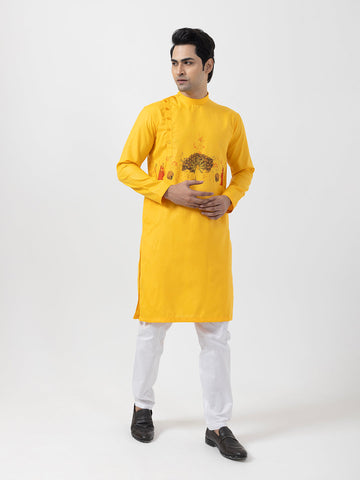 Men's Mustard Cotton Kurta Set – Ethnic Print & Side Placket