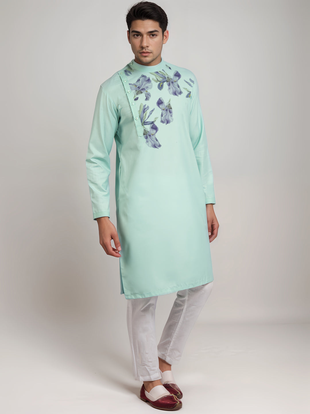 Men's Green Cotton Kurta Set – Ethnic Print & Side Placket