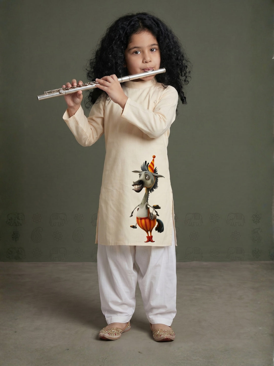 Girls' Beige Cotton Kurti Set – Ethnic Print
