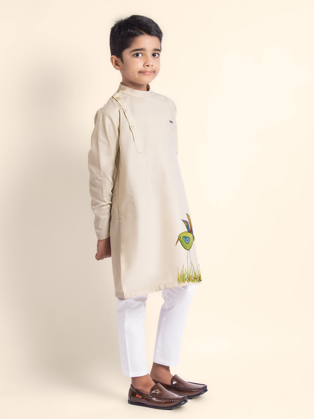 Boys' Beige Cotton Kurta Set – Printed