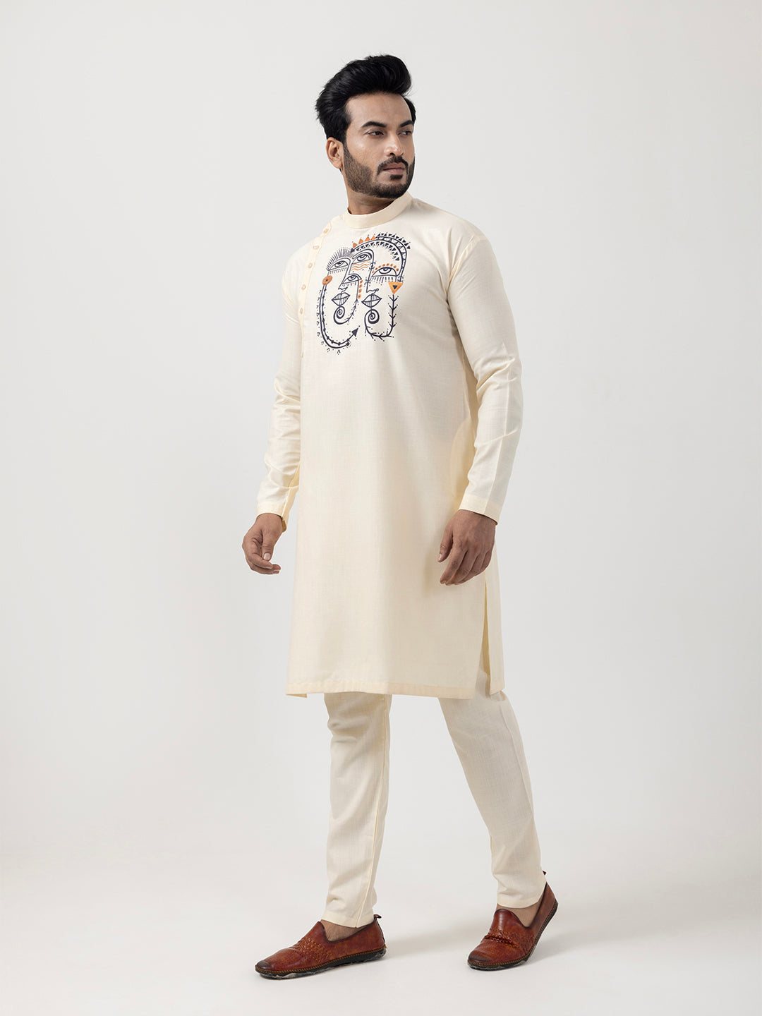 Men's Beige Cotton Kurta Set – Ethnic Print & Side Placket