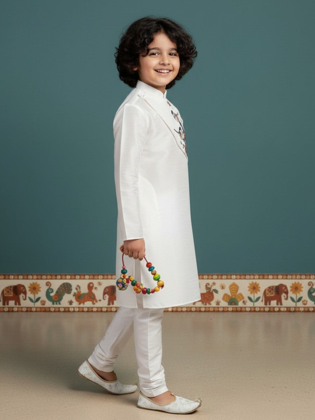 Boys' White Art Silk Kurta Set – Ethnic Print