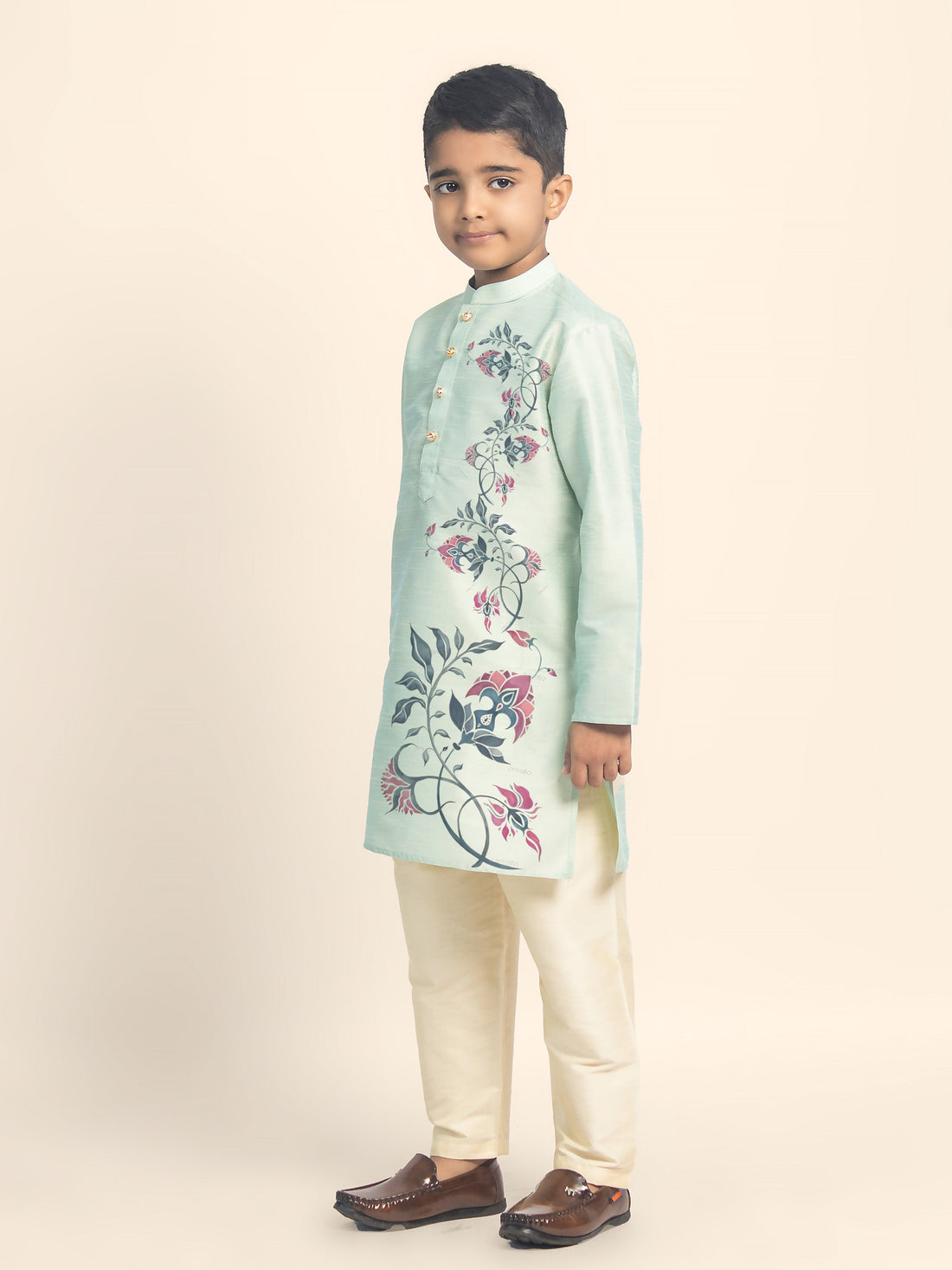 Boys' Green Dupion Silk Kurta Set – Printed