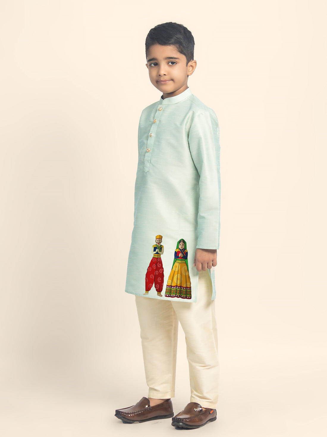 Boys' Green Dupion Silk Kurta Set – Printed