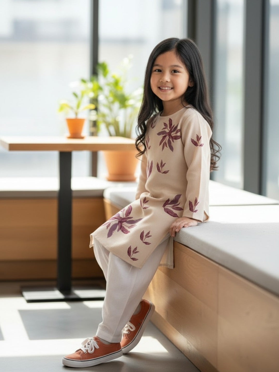 Girls' Beige Cotton Kurti Set – Ethnic Print