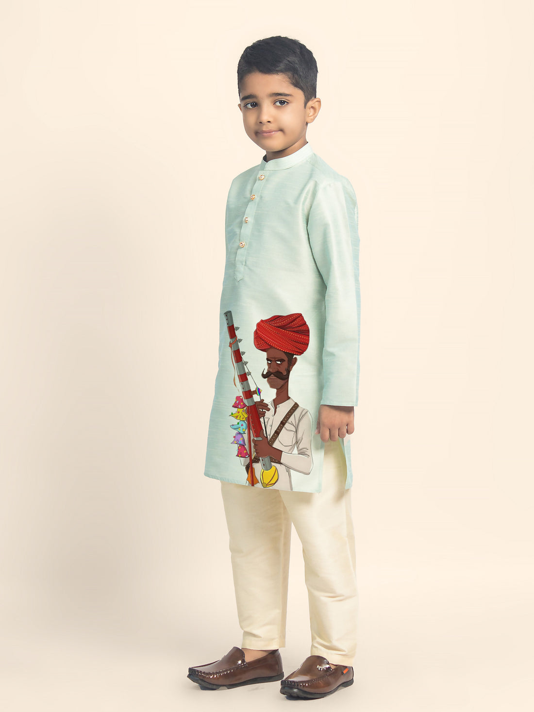 Boys' Green Dupion Silk Kurta Set – Printed