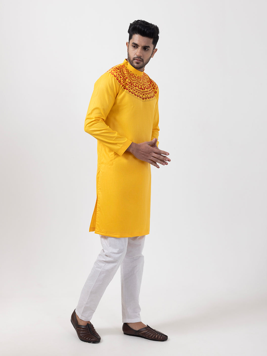 Men's Mustard Cotton Kurta Set – Ethnic Print & Side Placket