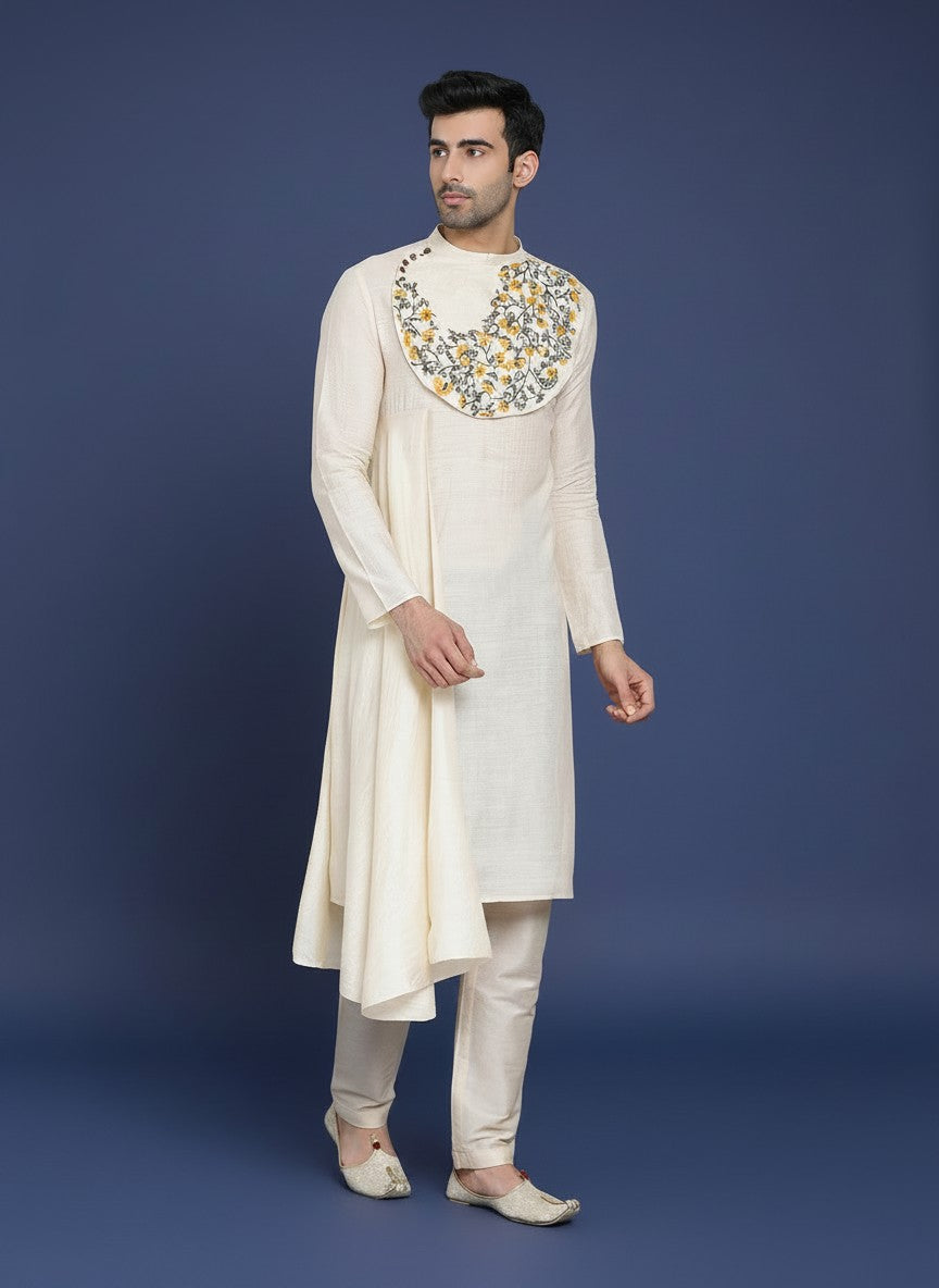 Men's Beige Pure Silk Kurta Set – Ethnic Print & Side Placket