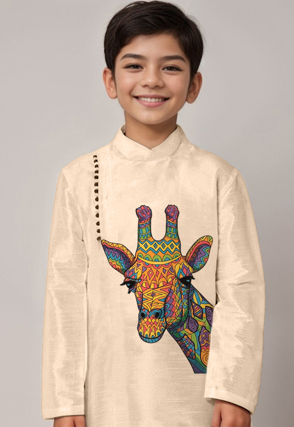 Boys' Beige Dupion Silk Kurta & Dhoti Set – Floral Print