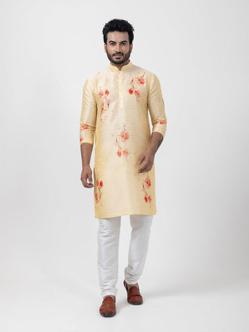 Men's Beige Art Silk Kurta Set – Ethnic Print