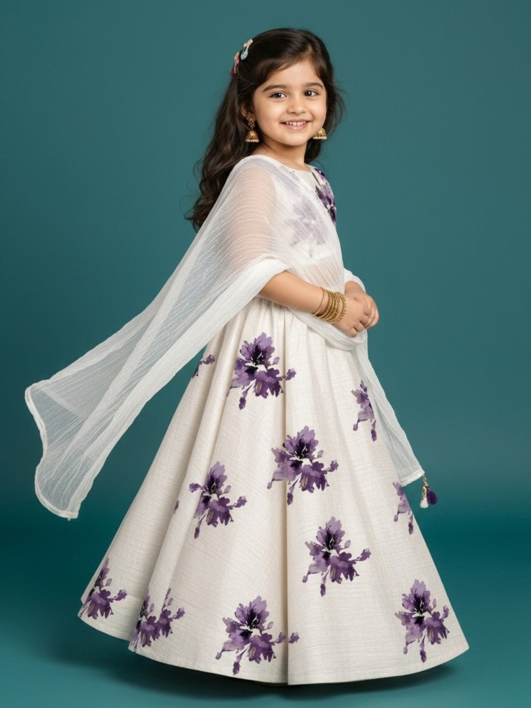 Girls' Off-White Art Silk Lehenga Set – Printed