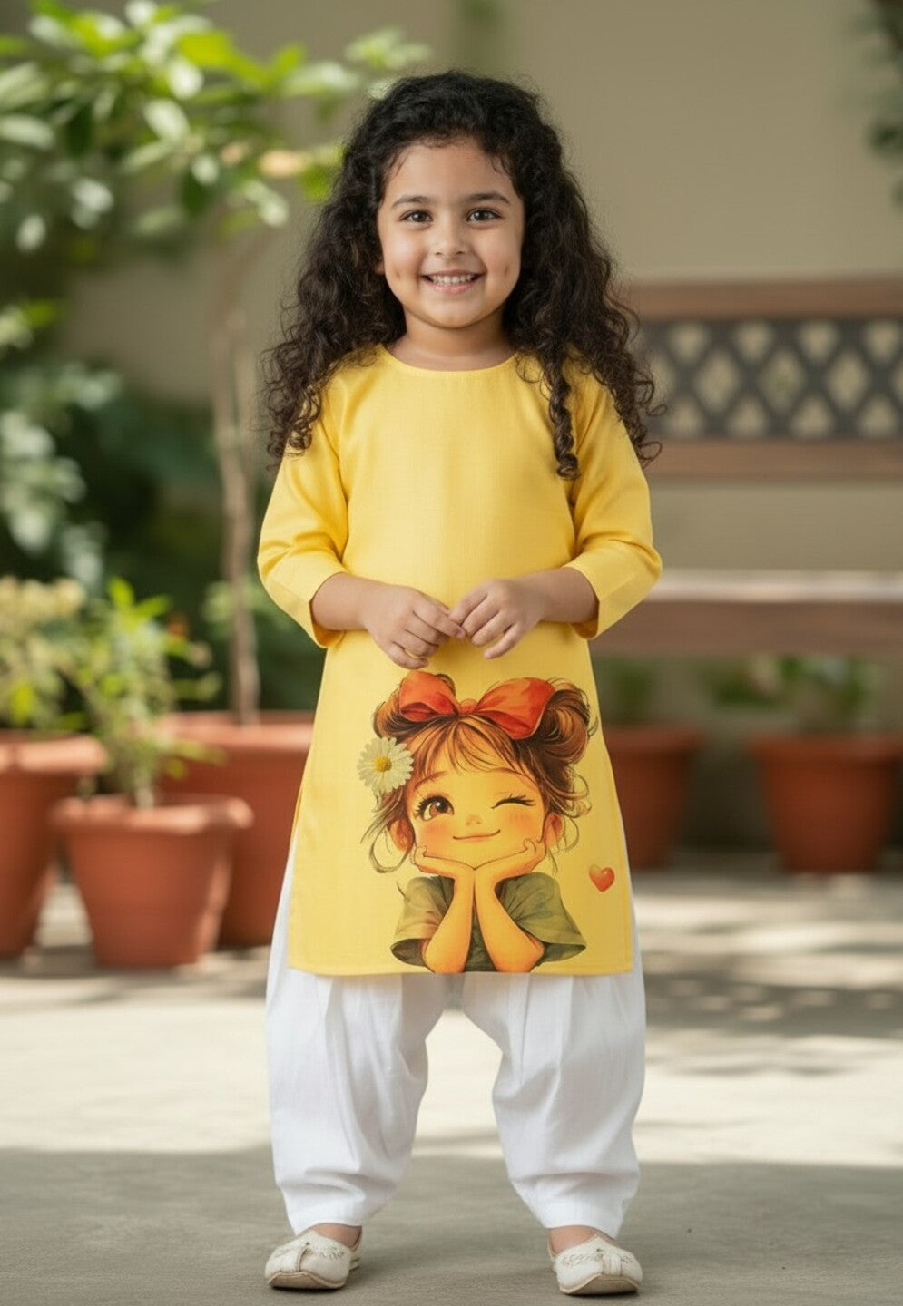 Girls' Yellow Cotton Kurti Set – Ethnic Print