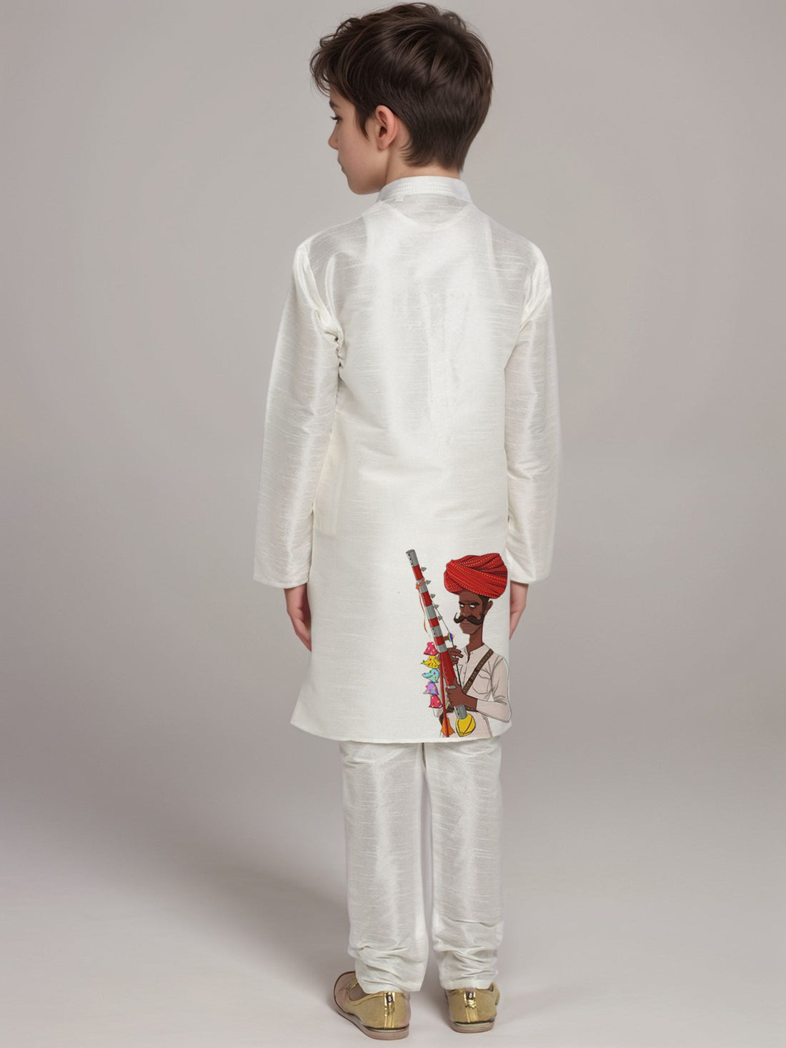 Boys' White Dupion Kurta & Pyjama Set – Printed