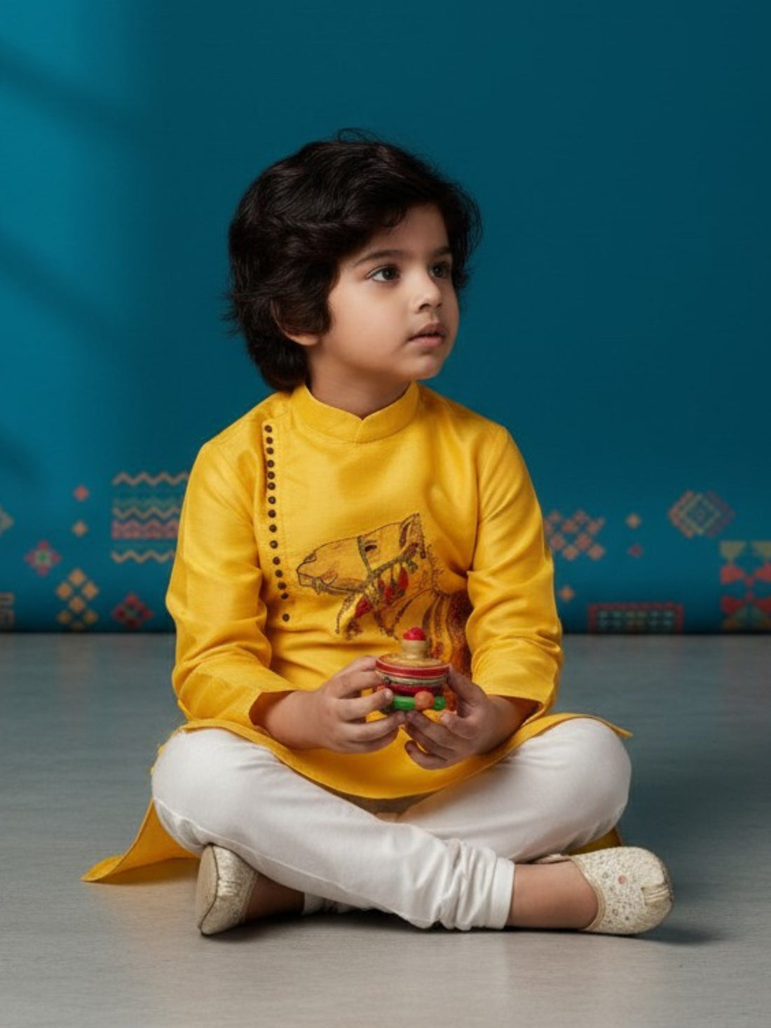 Boys' Yellow Art Silk Kurta Set – Ethnic Print