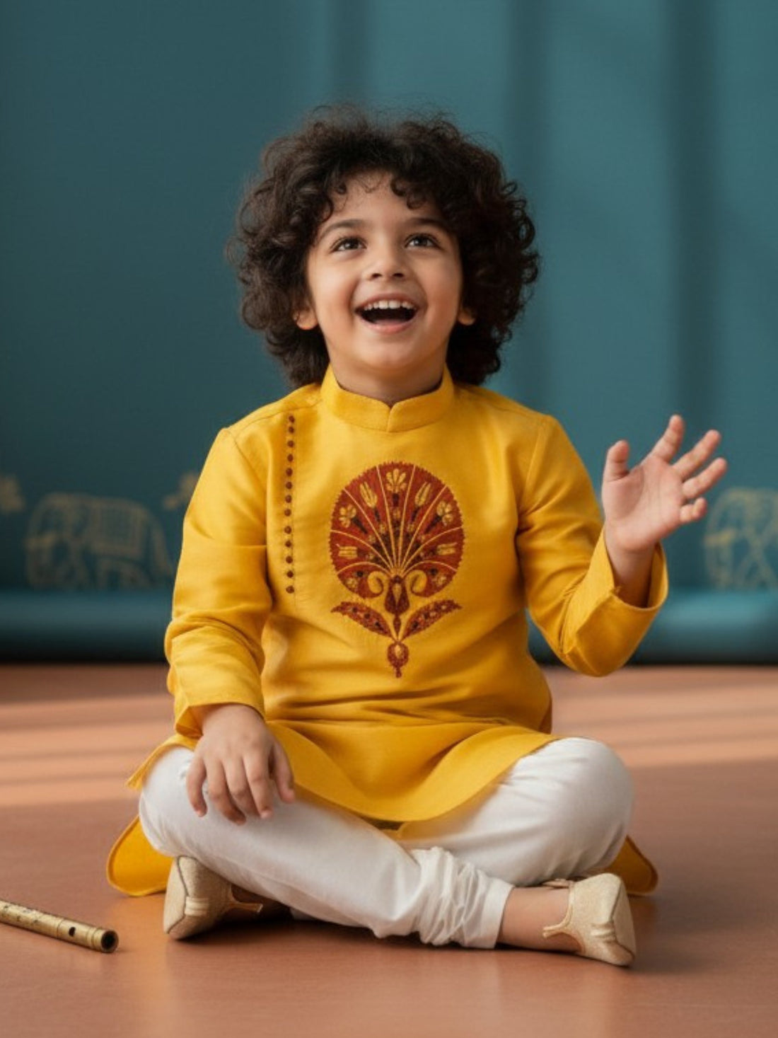 Boys' Yellow Art Silk Kurta Set – Ethnic Print