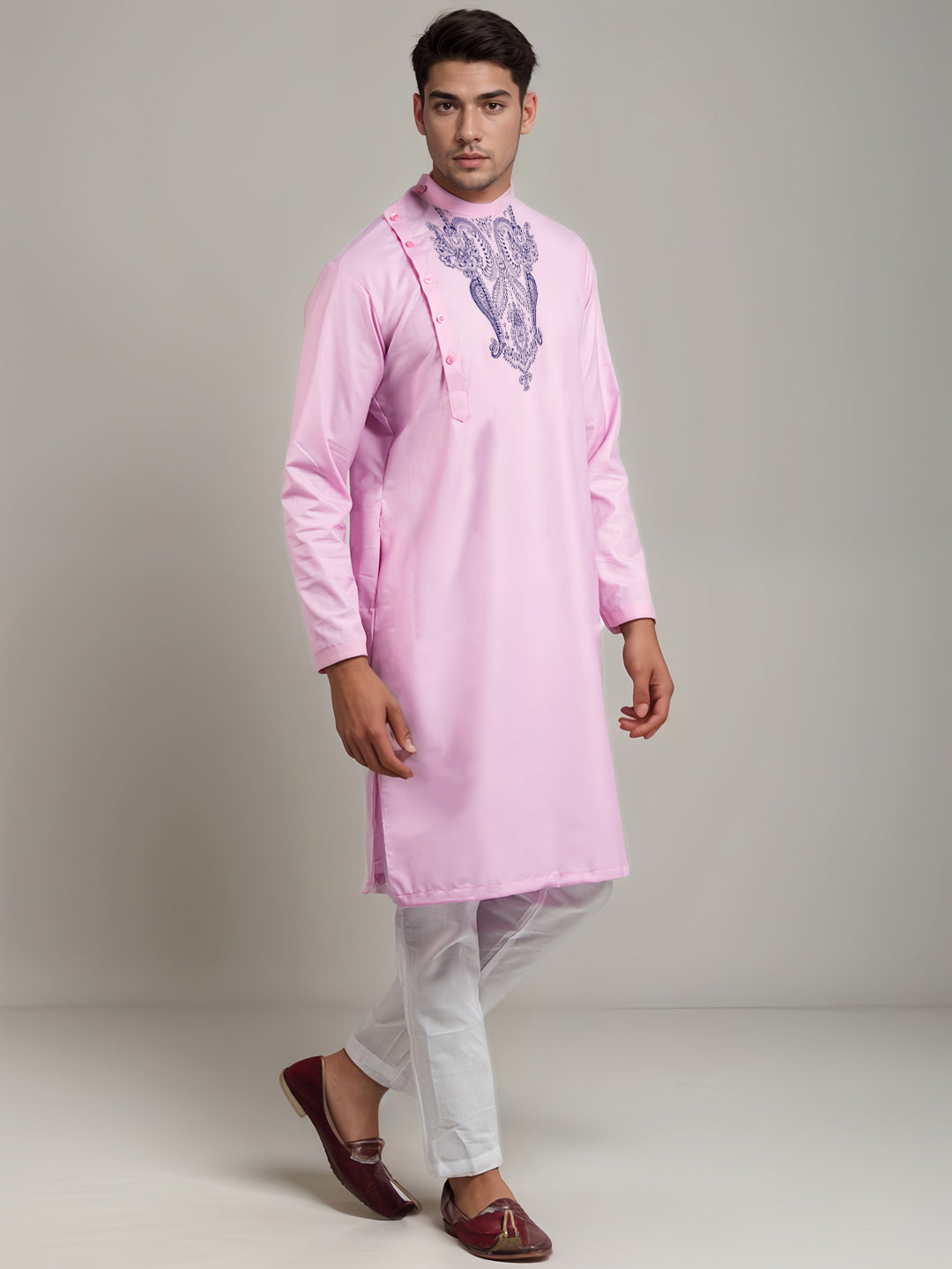 Men's Pink Cotton Kurta Set – Ethnic Print & Side Placket