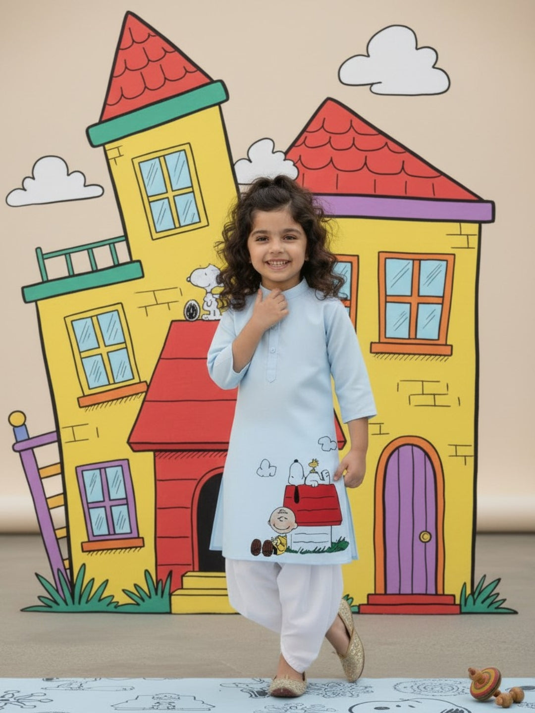 Girls' Sky Blue Cotton Kurti Set – Ethnic Print