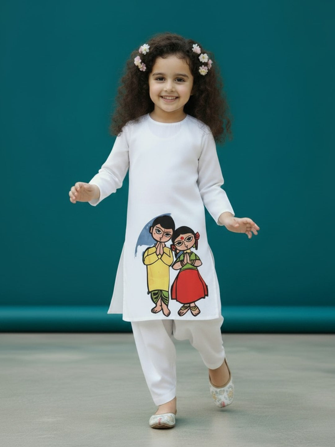 Girls' White Cotton Kurti Set – Ethnic Print