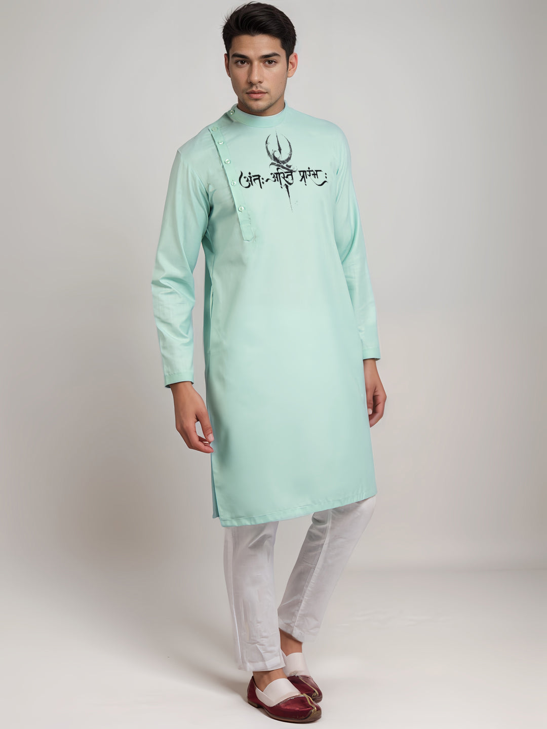 Men's Green Cotton Kurta Set – Ethnic Print & Side Placket