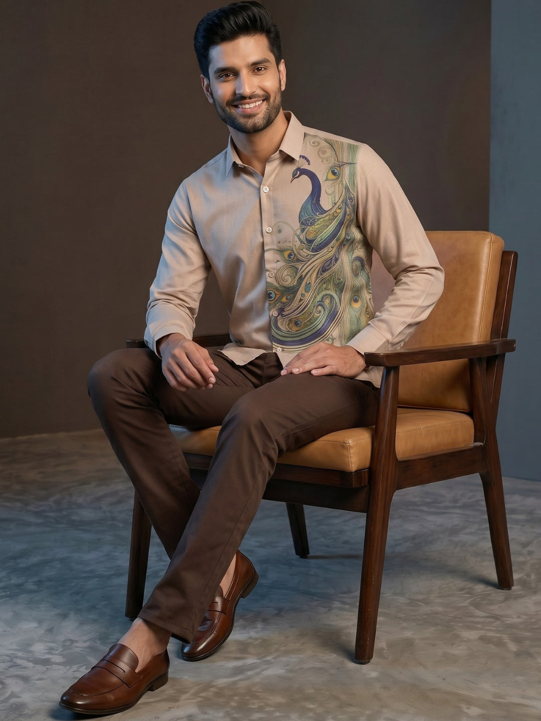 Men's Beige Cotton Shirt – Ethnic Print
