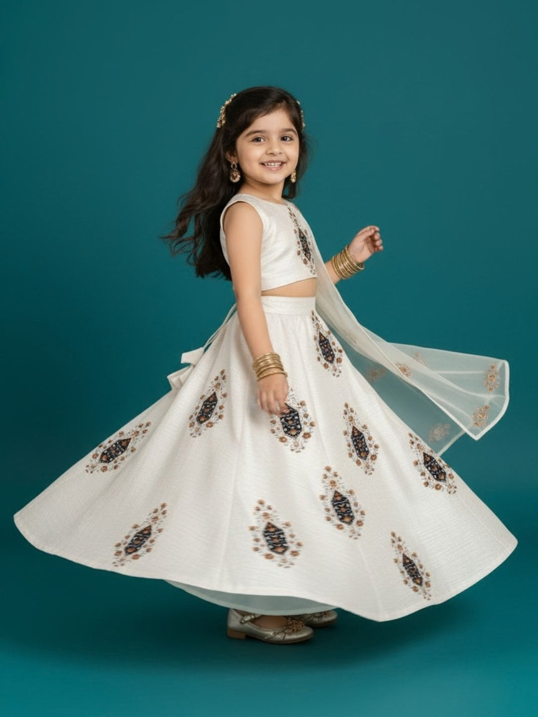 Girls' Off-White Art Silk Lehenga Set – Printed