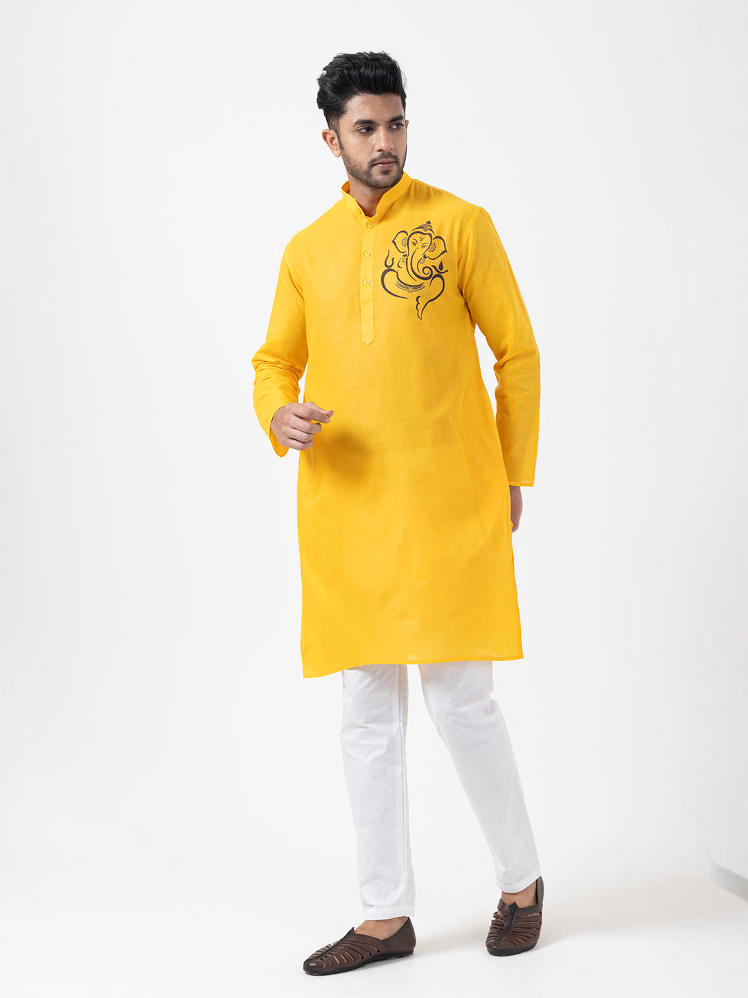 Men's Yellow Cotton Kurta Set – Lord Ganesha Print